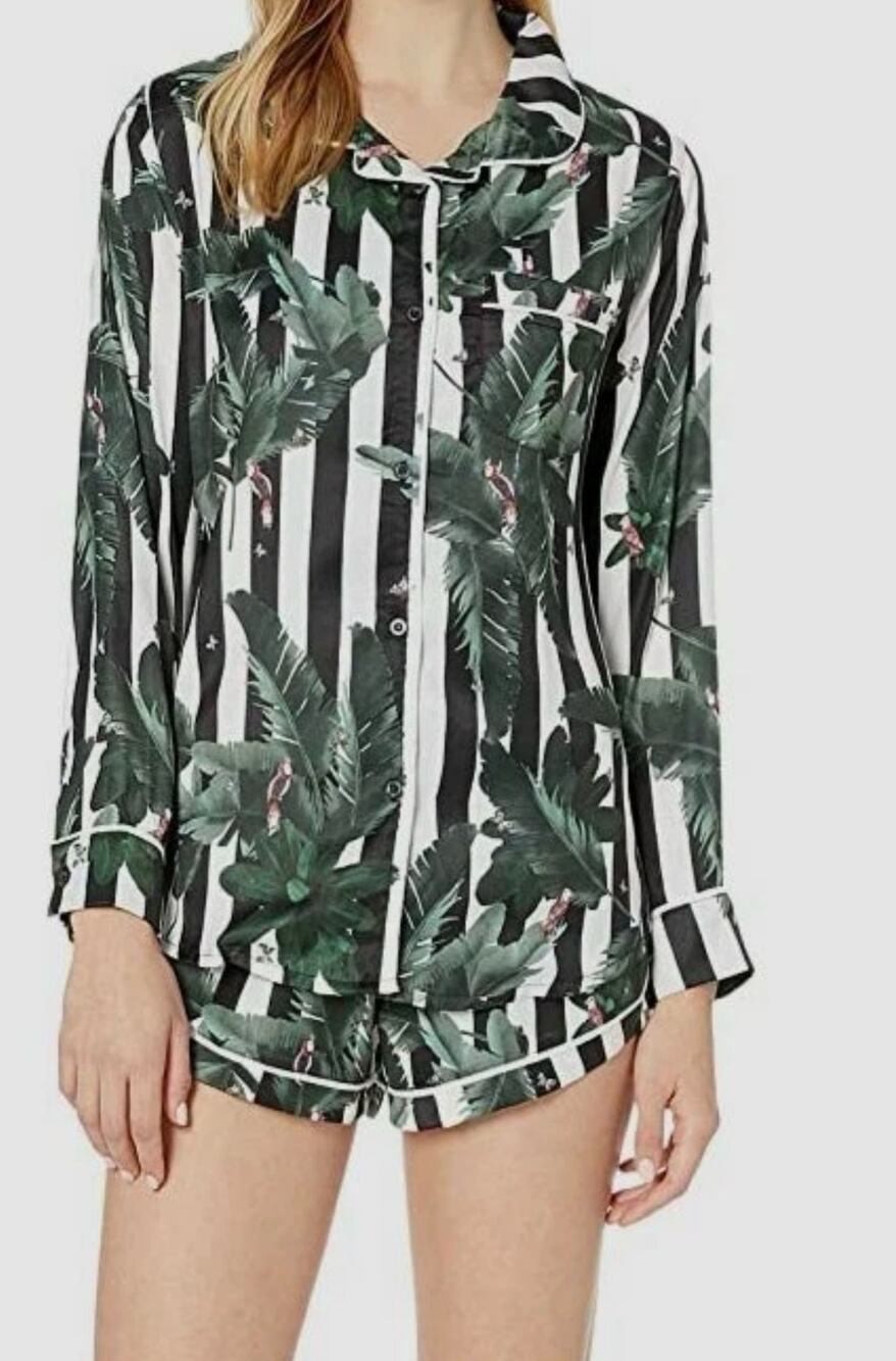 Plush White Green Long-Sleeve Button Lounge Sleep Pajama short SET S NWT $95
